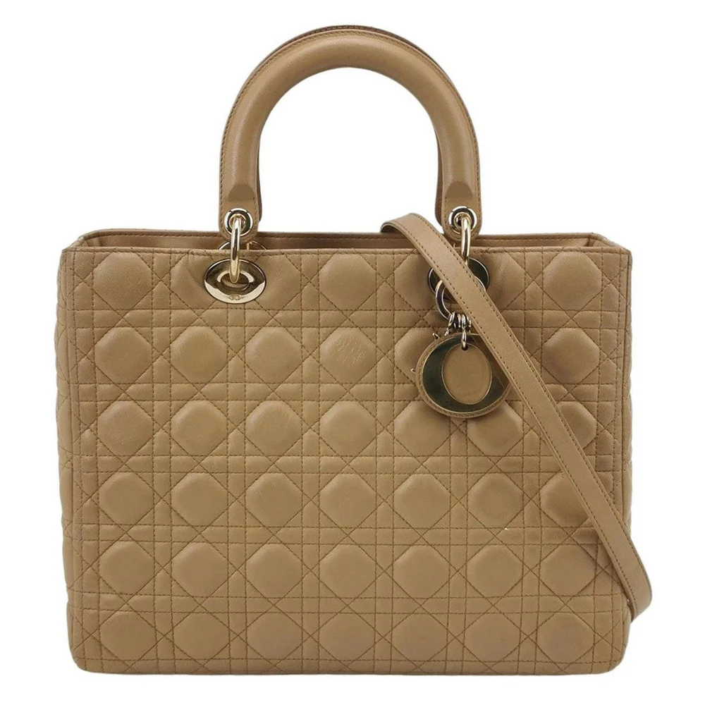 Pre-Owned Good Beige Lambskin Cannage Large Lady Dior Bag