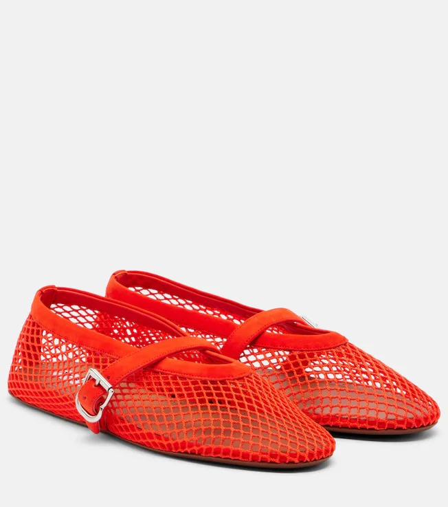 Leather-trimmed fishnet ballet flats