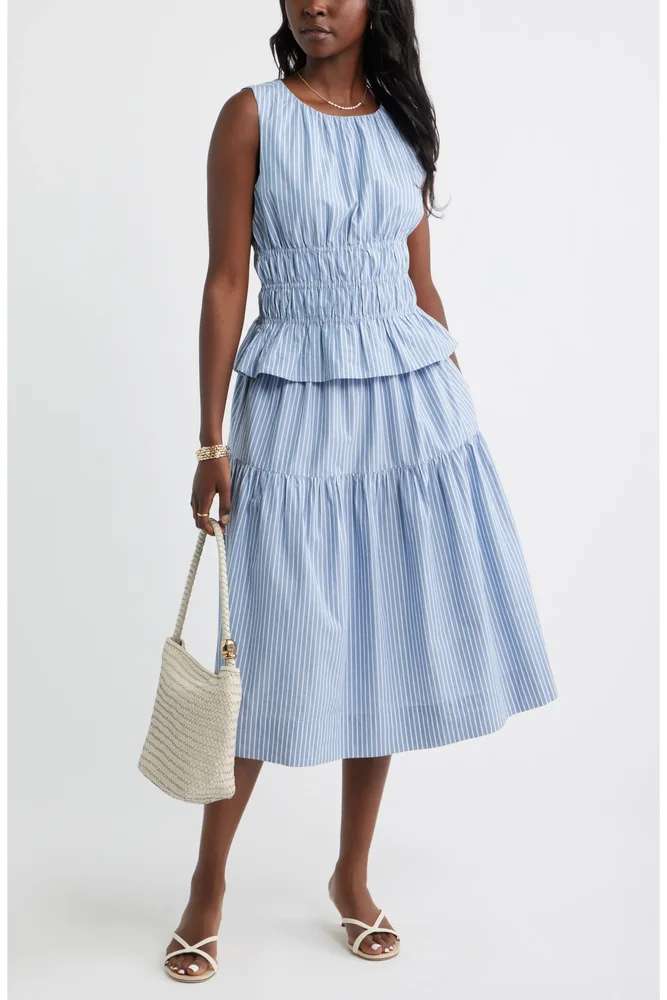Striped Drop Waist Poplin Midi Skirt