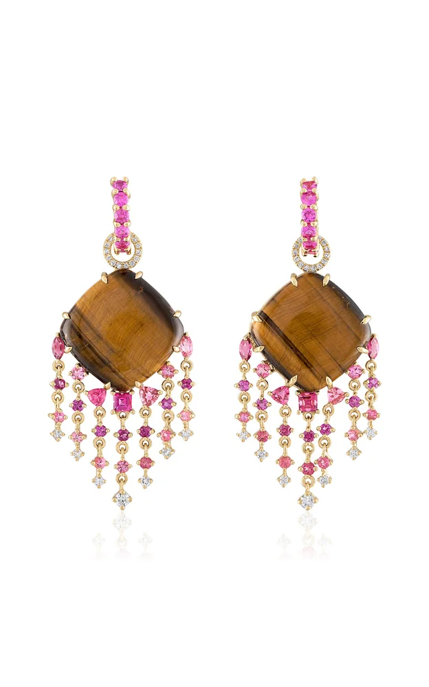 14K Yellow Gold, Tigers Eye And Diamond Earrings