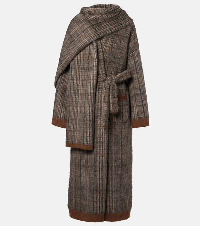 Checked mohair and wool-blend wrap coat