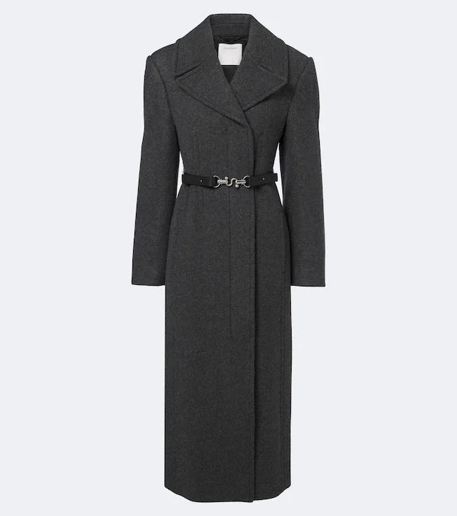 Belted herringbone virgin wool coat