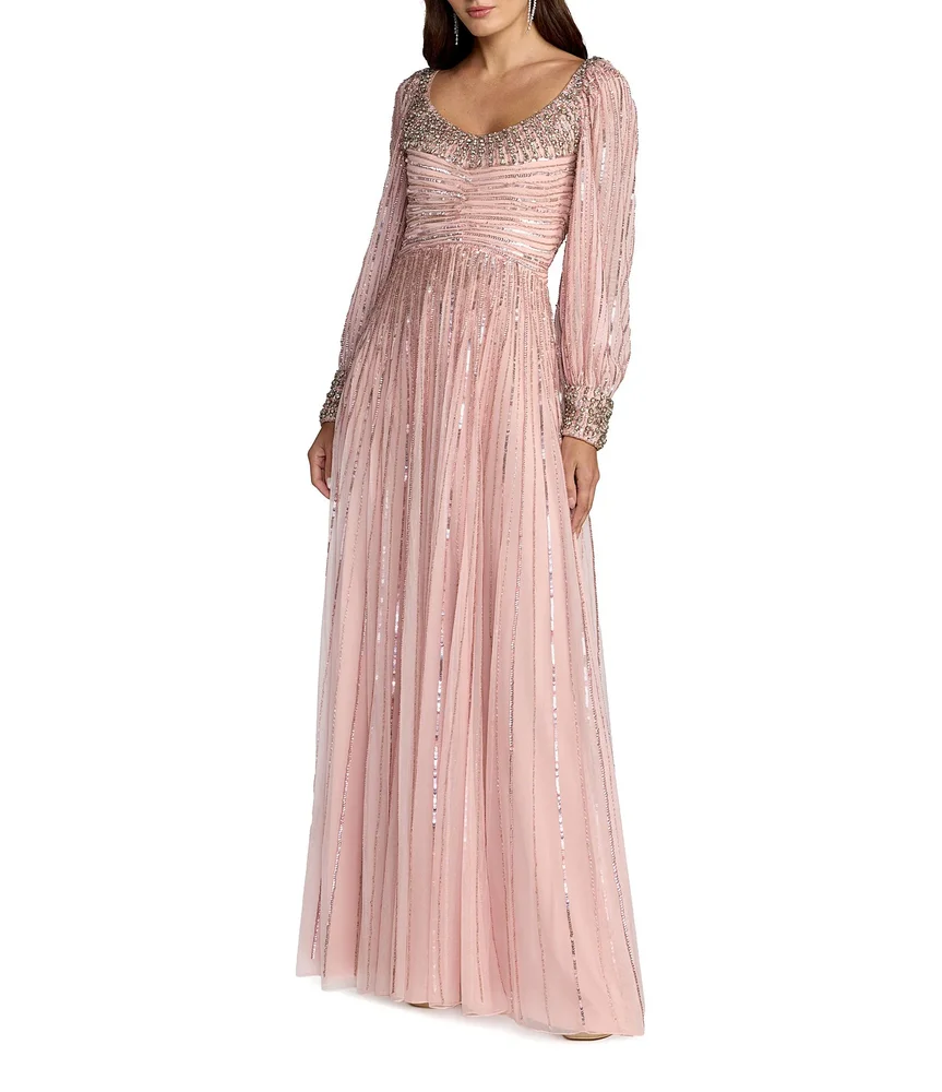 Beaded Mesh Bishop Sleeve A Line Gown