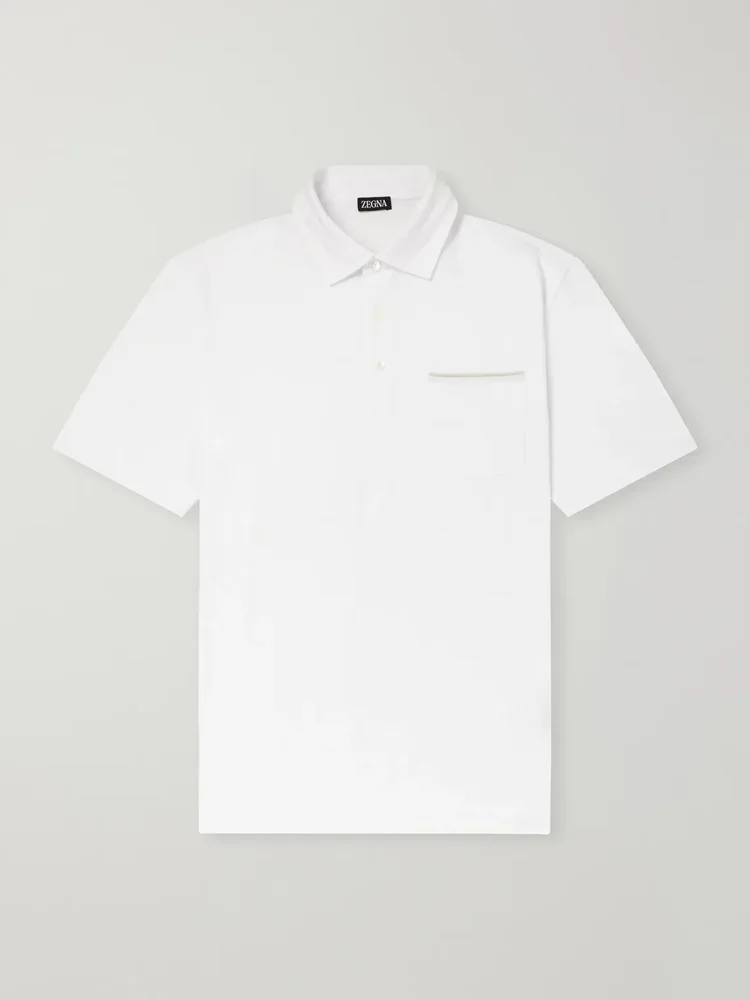 Leather-Trimmed Cotton-Piqué Polo Shirt
