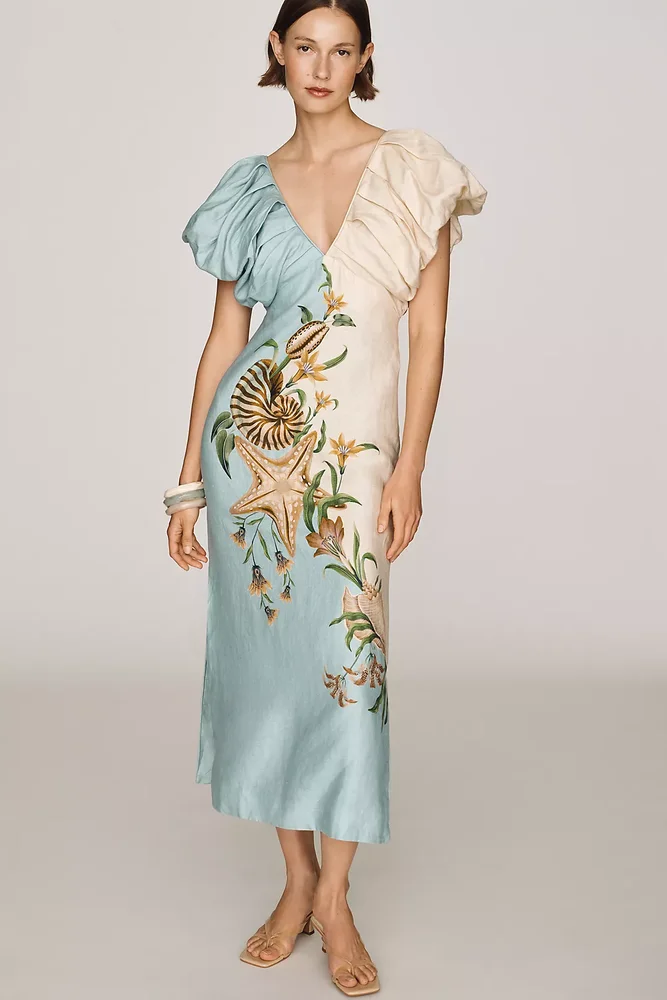 Marine Garden 100% Linen Midi Dress