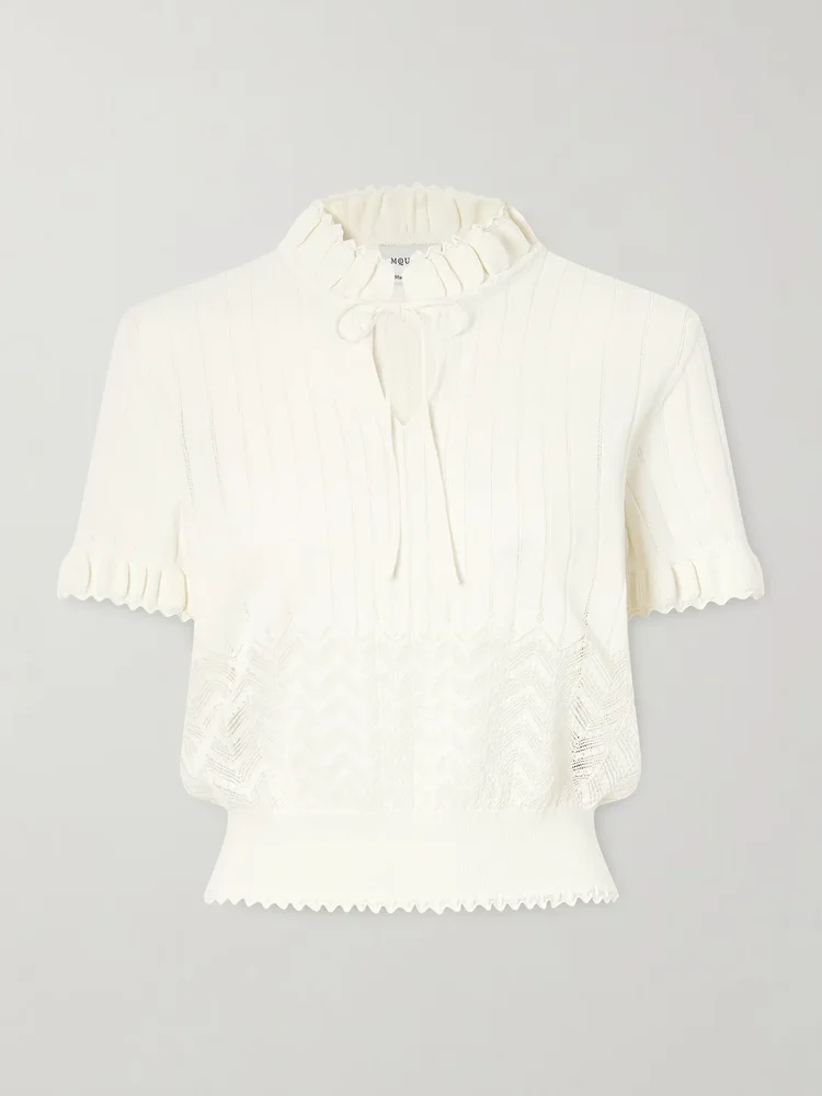 Tie-detailed crocheted polo shirt