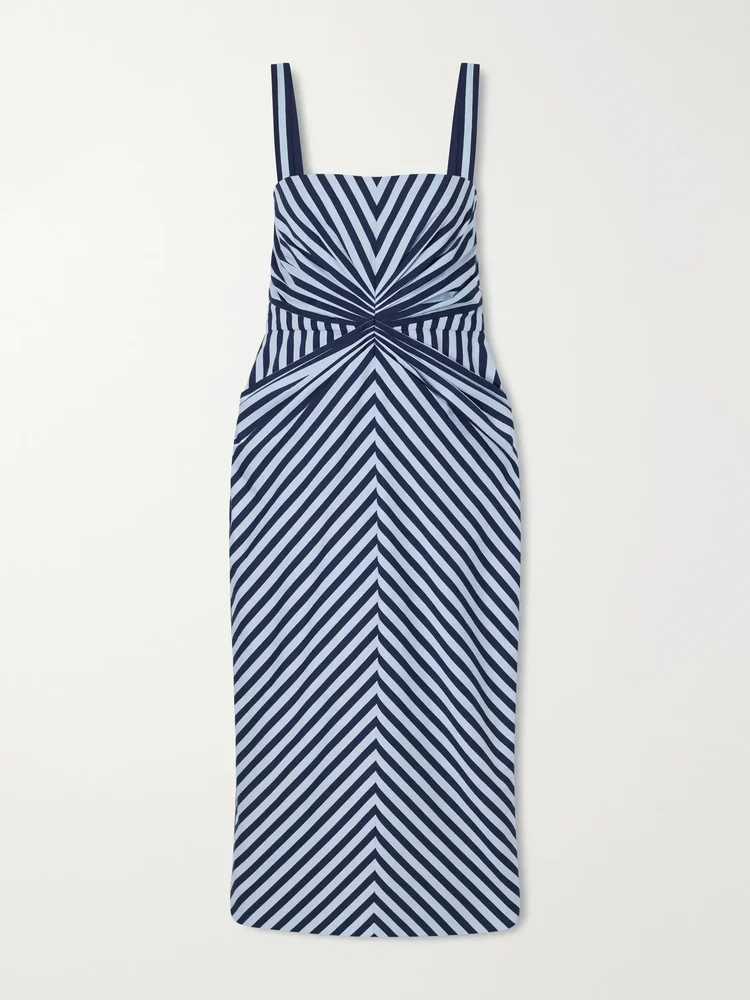 striped ruched cotton blend midi dress