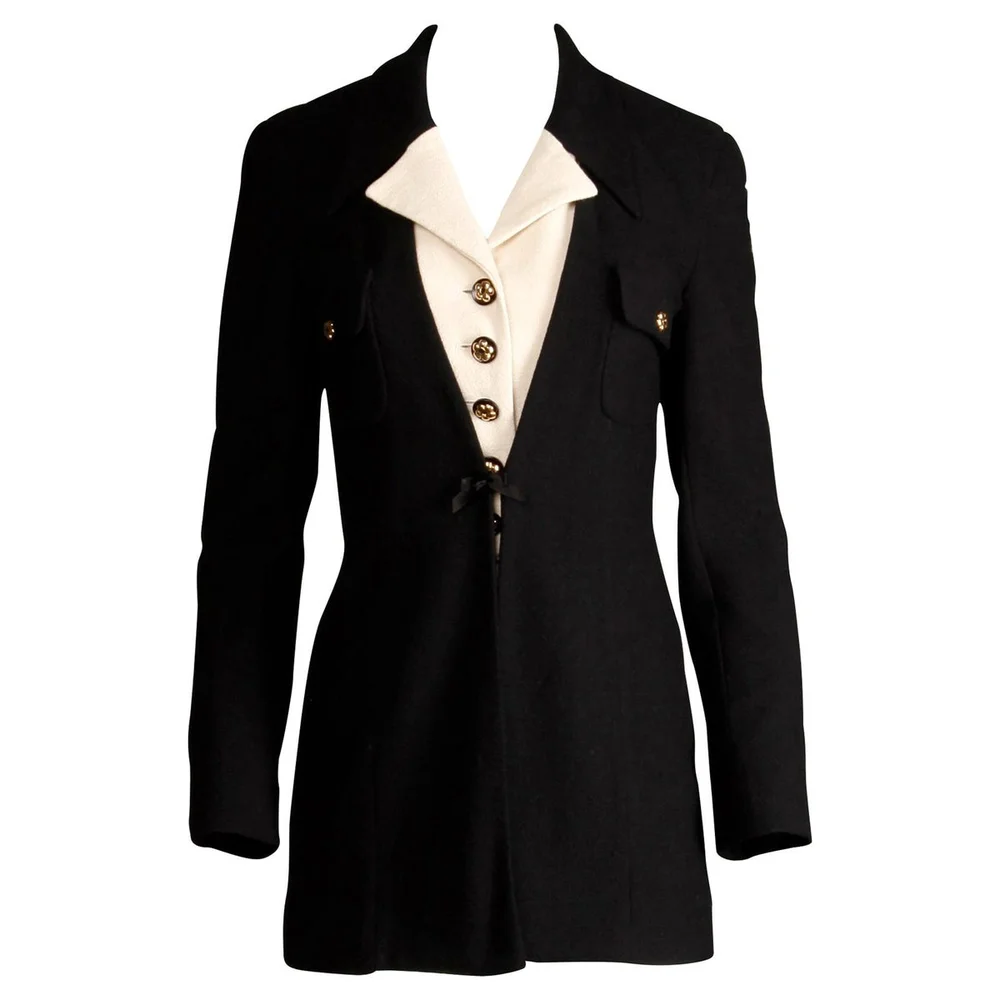 1990s Gemma Kahng Vintage Black + White Wool Tuxedo Blazer Jacket