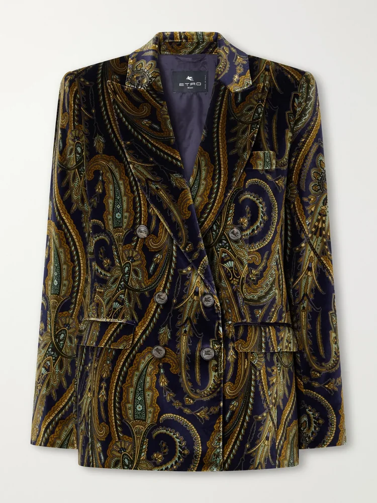 Double-breasted paisley-print cotton-blend velvet blazer