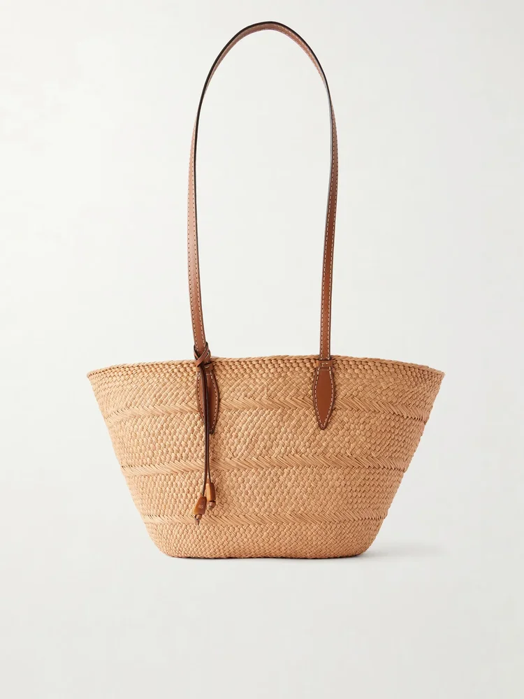 Trapeze Basket leather-trimmed raffia tote