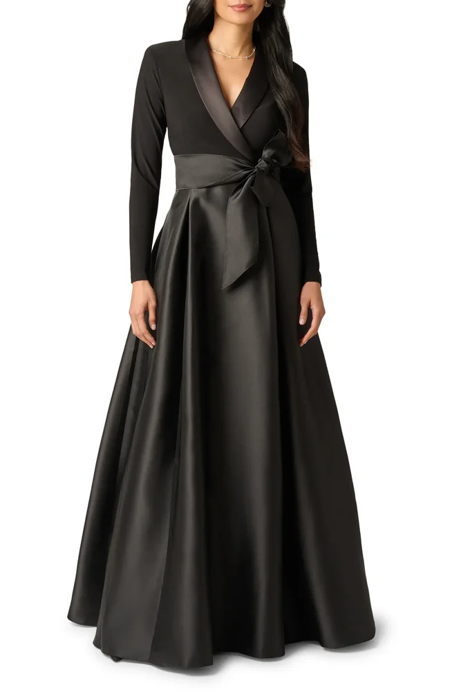 Mixed Media Long Sleeve Tuxedo Gown