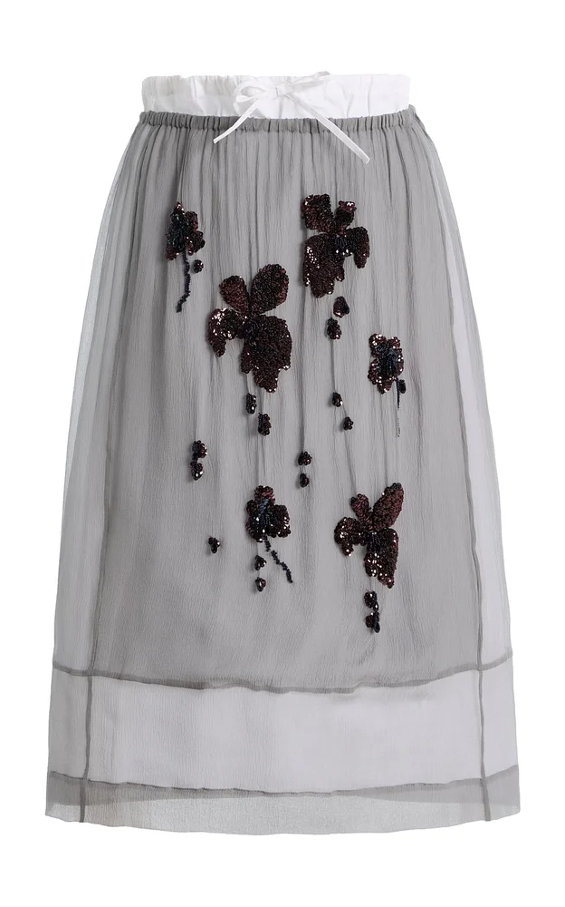Embroidered Silk-Chiffon Midi Drawstring Skirt