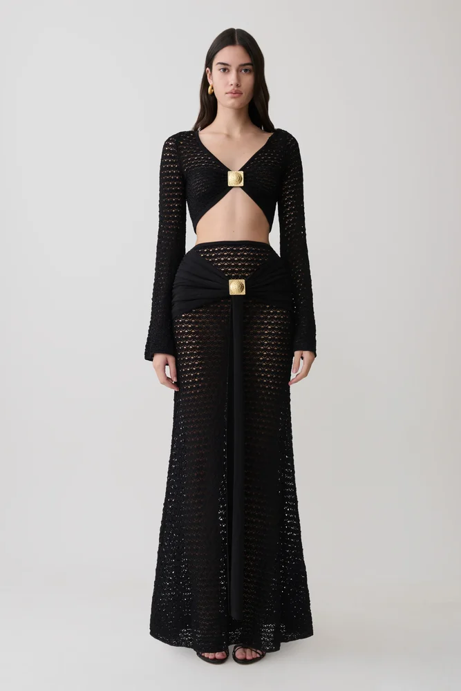 Mania Crochet Maxi Skirt With Hardware - Black
