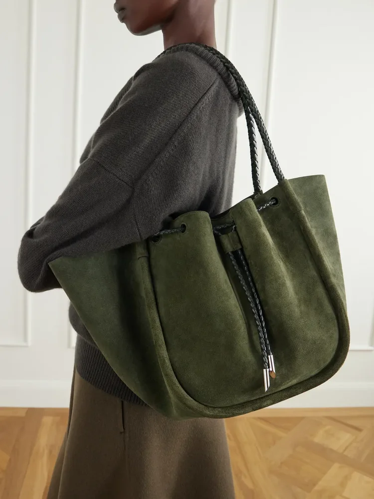 Large ruched leather-trimmed suede tote