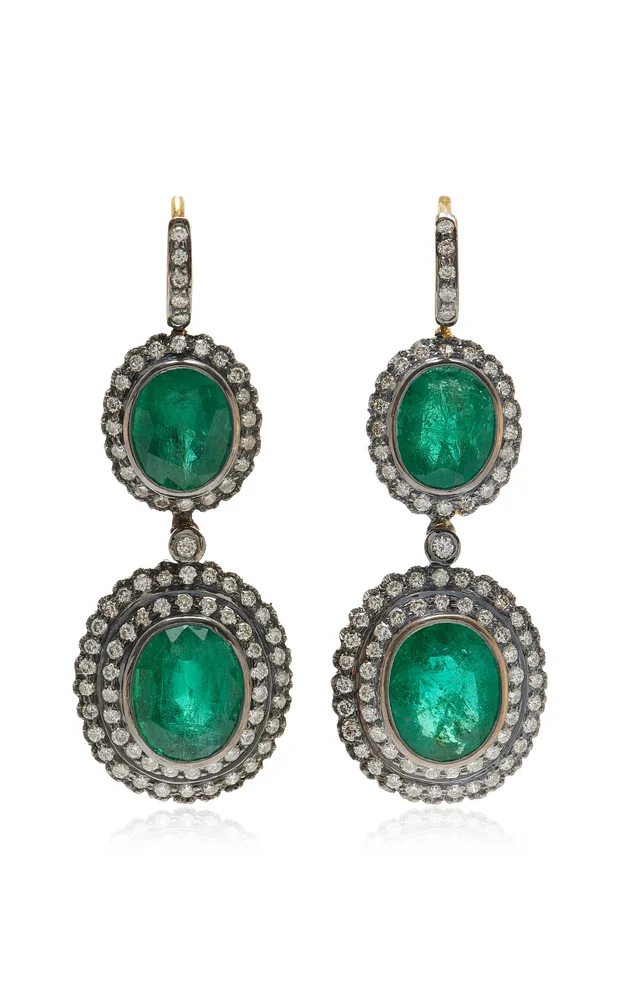One-of-a-Kind Rajasthan 18K Yellow Gold, Black Rhodium Emerald Earrings