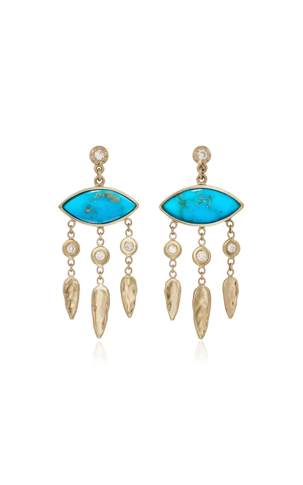14k Yellow Gold Turquoise Marquise + Diamond Hammered Teardrop Chandelier Drop Stud Earrings
