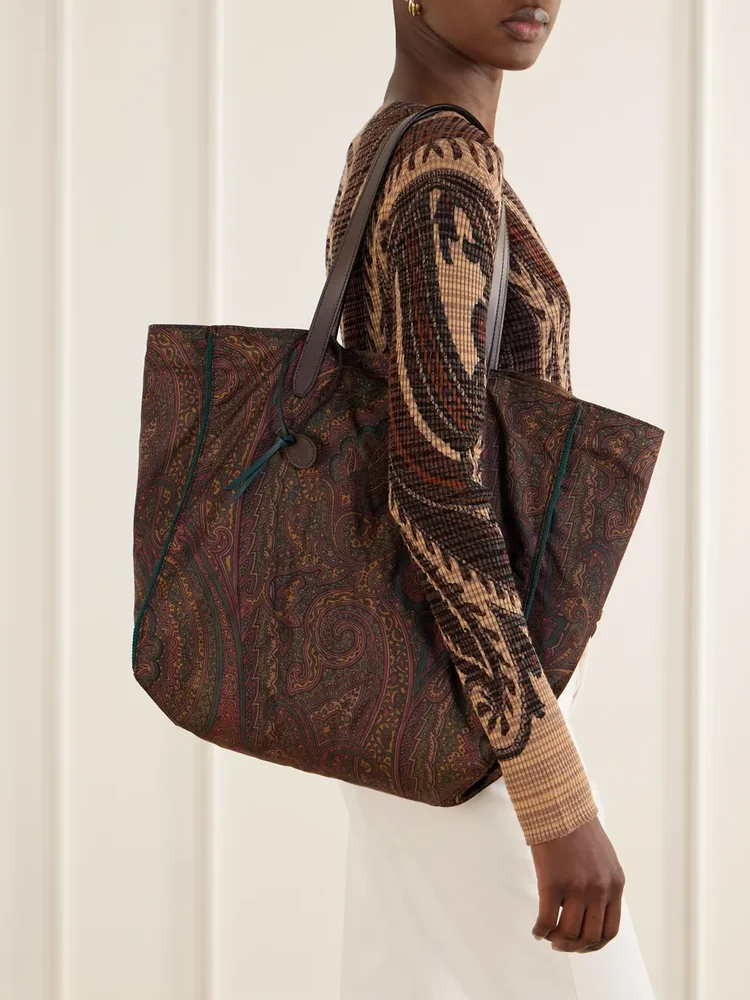 Printed leather-trimmed shell tote bag