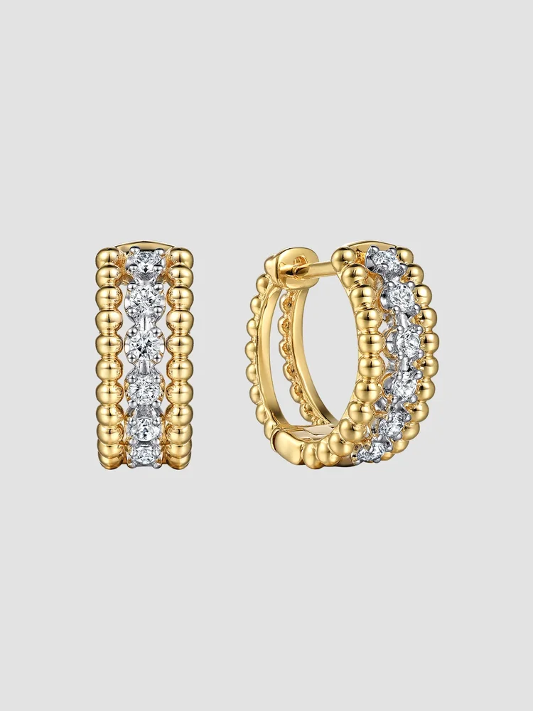 Two-Tone 14K Gold & 0.25 TCW Diamond Beaded Huggie Earrings