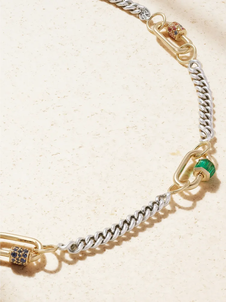 Babylock sterling silver and 14-karat gold, emerald and sapphire necklace