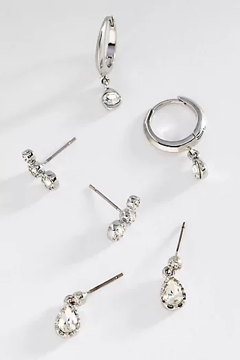 Crystal Post and Hoop Earrings, Set of 3