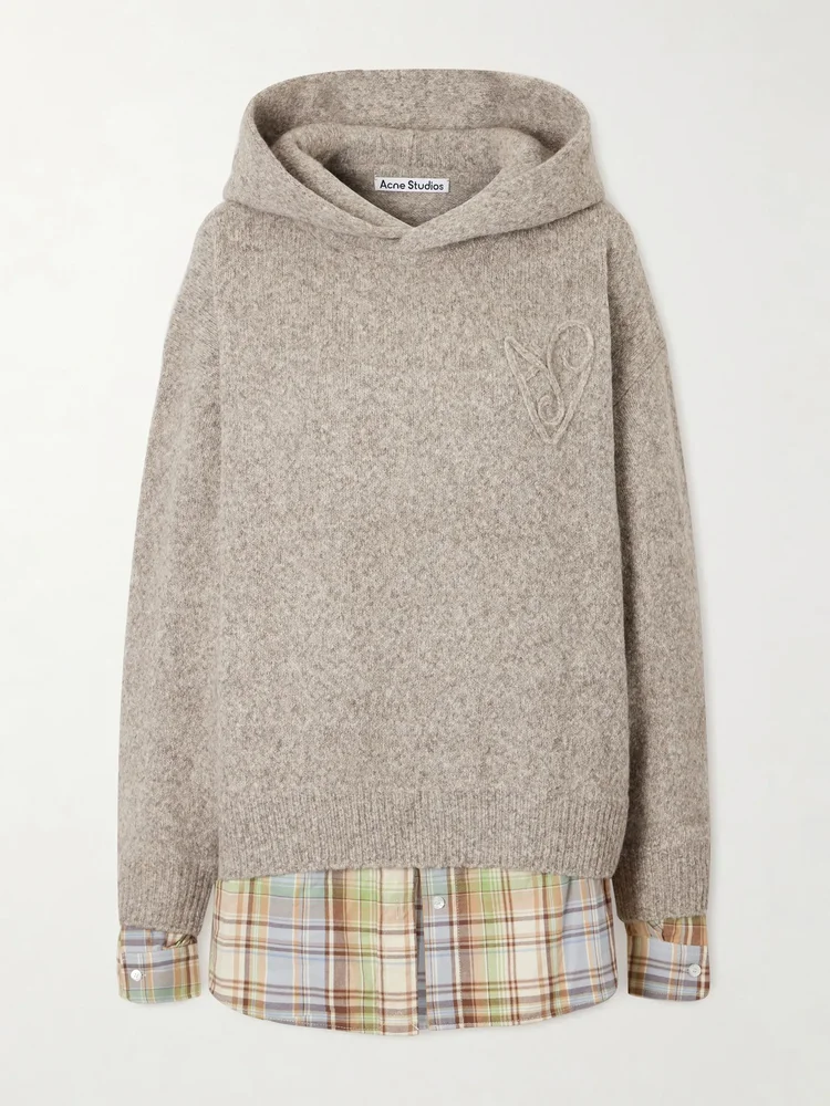 Layered checked poplin-trimmed wool-blend sweater