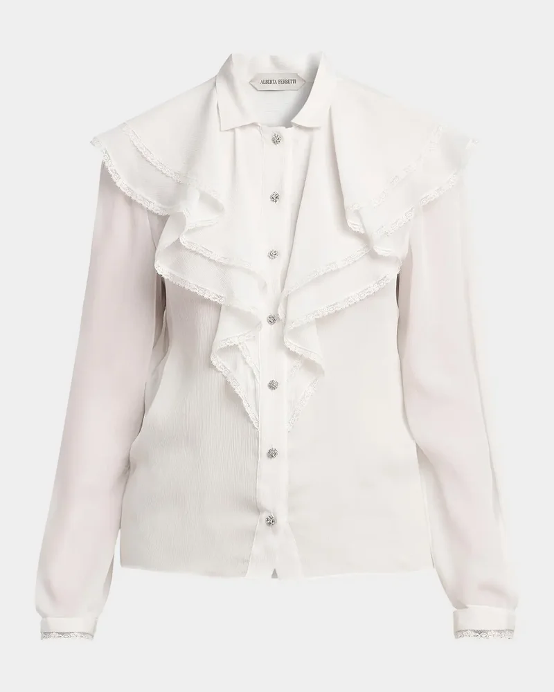 Plisse Ruffle Button-Down Blouse