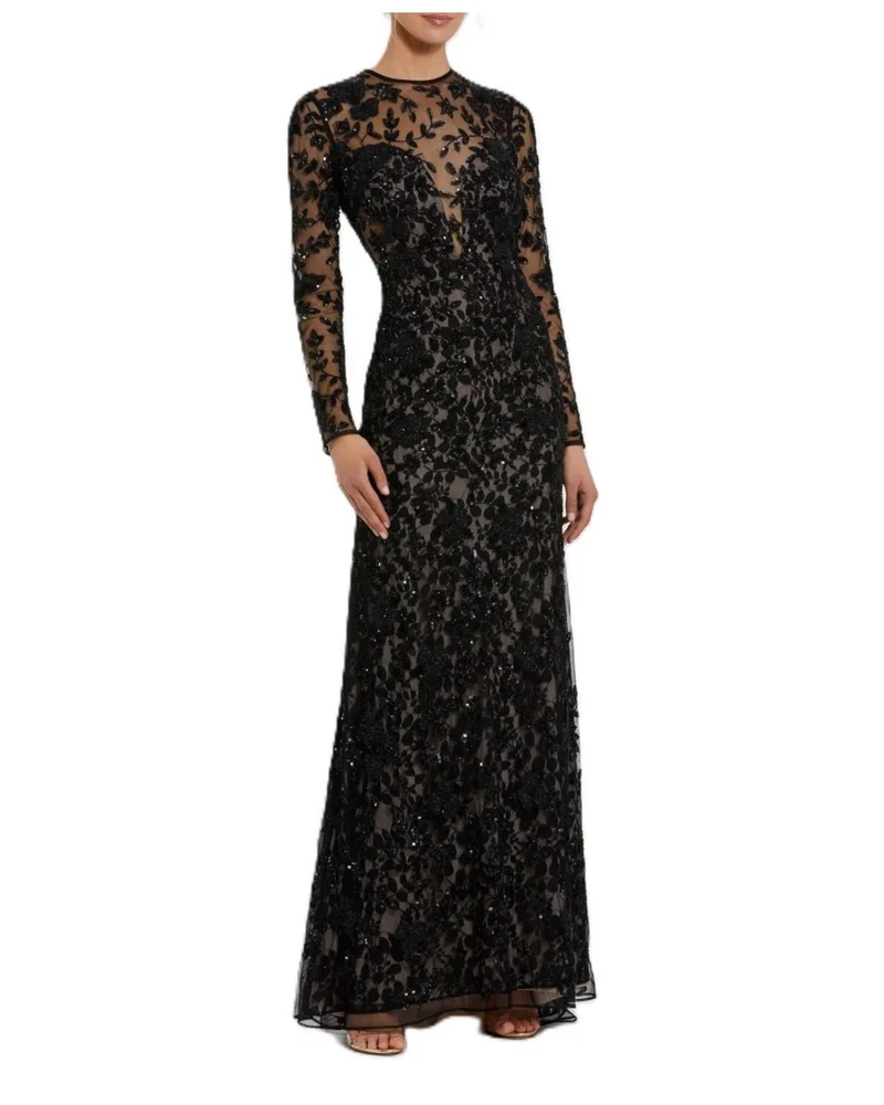 Long Sleeve Floral Embellished Gown