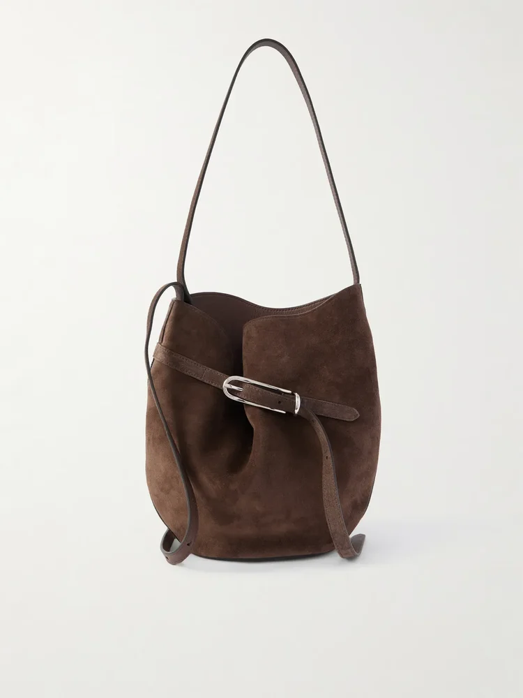 buckled suede bucket bag