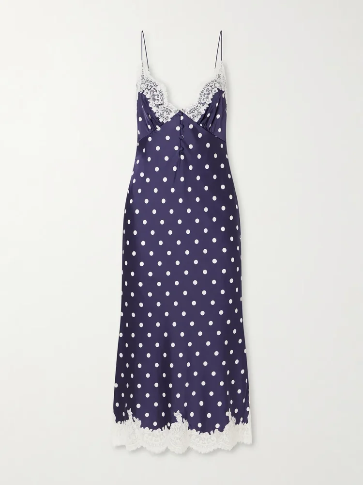 Lace-trimmed polka-dot satin midi dress