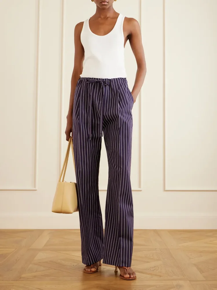 Striped cotton-poplin straight-leg drawstring pants