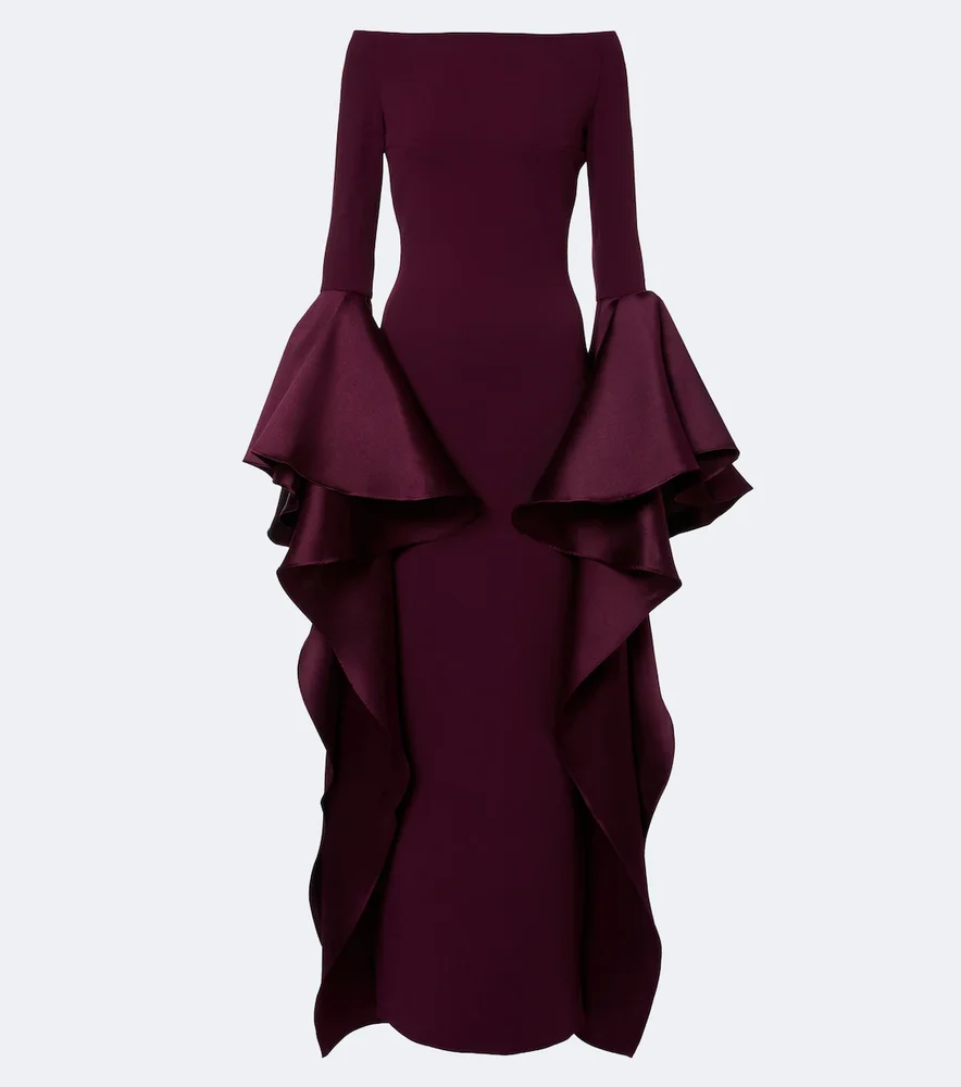 Astria off-shoulder satin-trimmed gown
