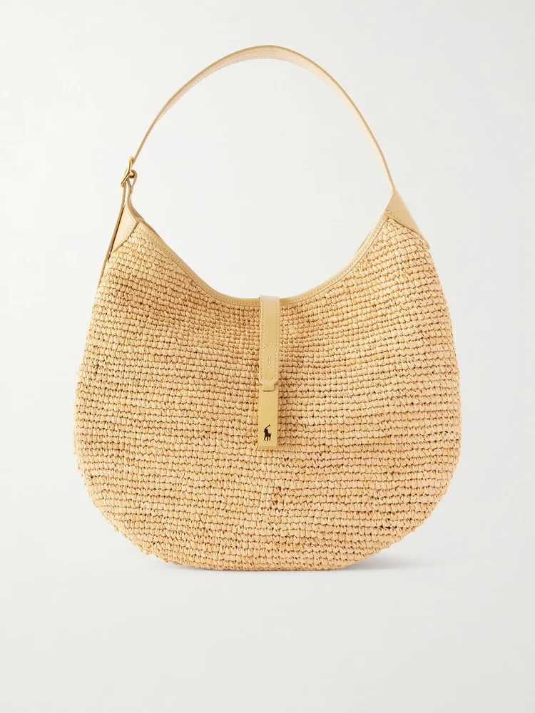 POLO RALPH LAUREN Polo ID medium leather-trimmed raffia shoulder bag - neutral - One Size