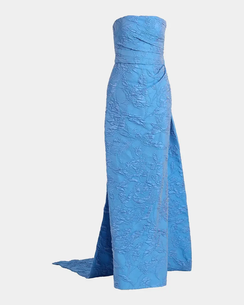 Strapless Draped-Train Bubble Jacquard Column Gown