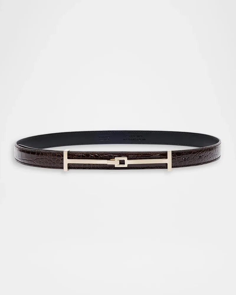 Double T Crocodile-Embossed Leather Belt