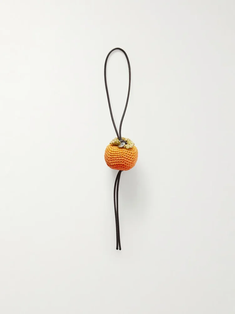 Persimmon crocheted cotton and leather bag charm