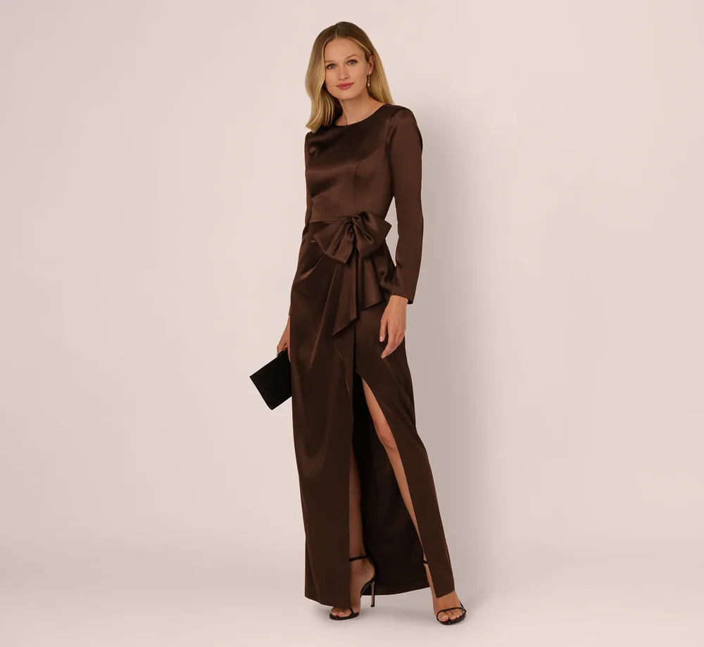 Adrianna Papell Long Sleeve Satin Bow Gown In Chocolate