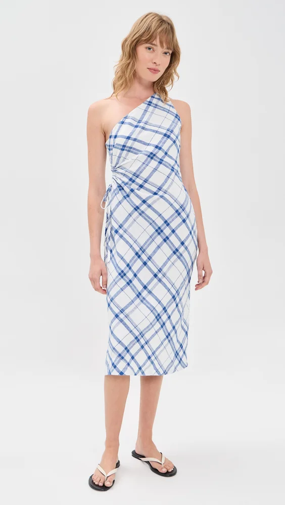 Ruched One-Shoulder Linen Midi Dress