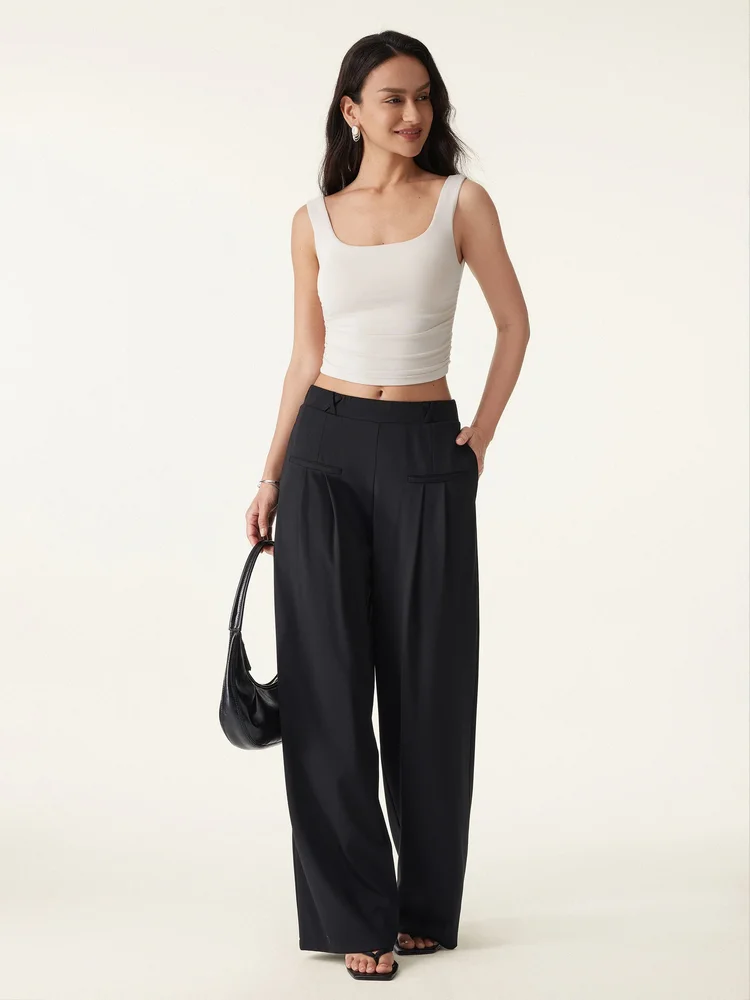 Drapey Bamboo Ponte Mid Rise Wide Leg Trouser with Pockets