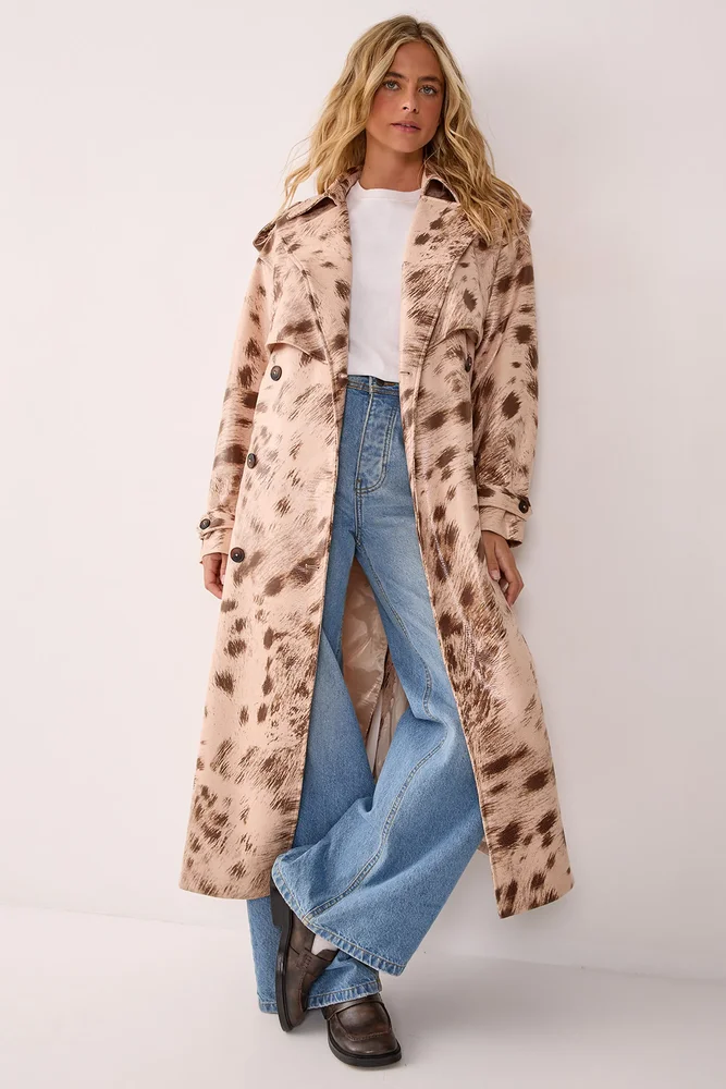 Cow Print Faux Leather Trench Coat