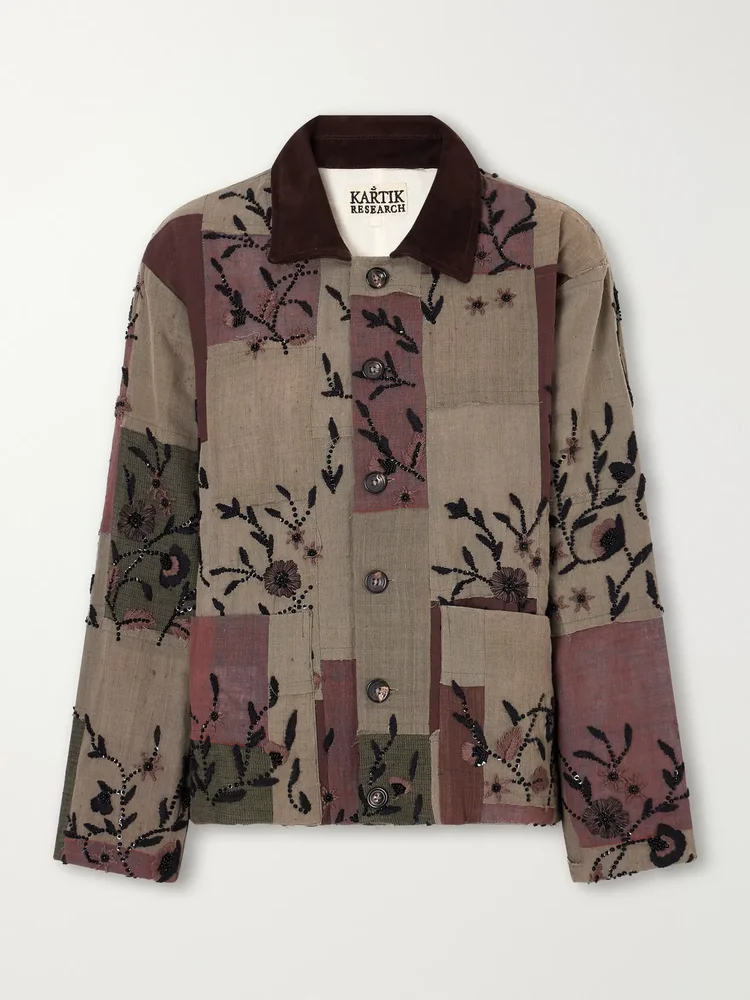 Embellished suede-trimmed patchwork woven cotton jacket