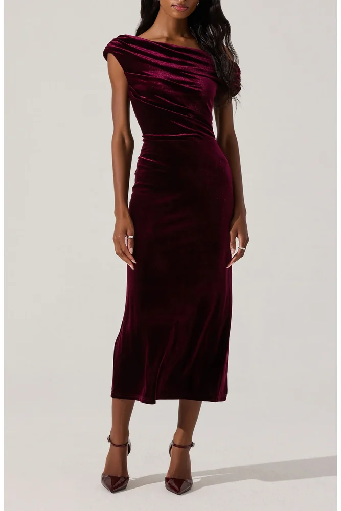 One-Shoulder Velvet Midi Dress