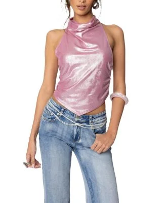 Shiny Backless Cowl Neck Top