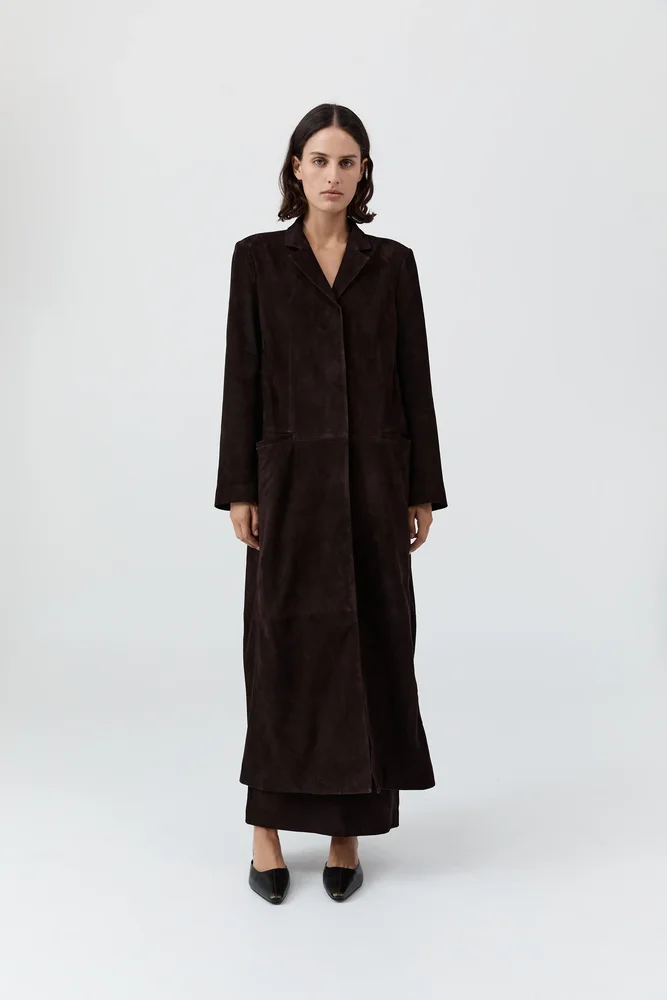Suede Tailored Coat - Coffee