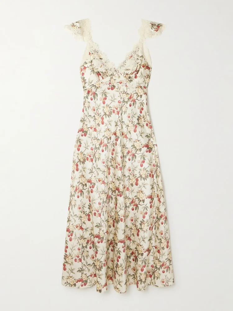 Fiona lace-trimmed floral-print silk-satin midi dress