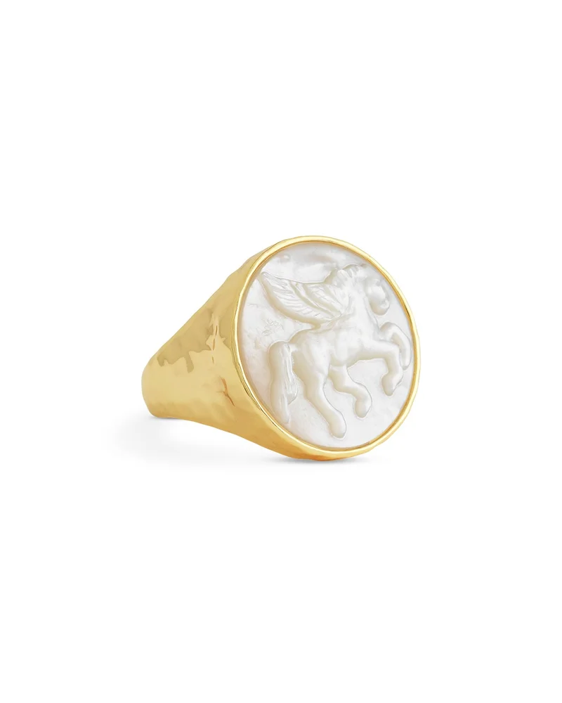 Mother Of Pearl Pegasus Coin Signet Ring