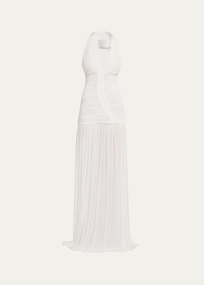 Orion Plunging Ruched Drop-Waist Gown