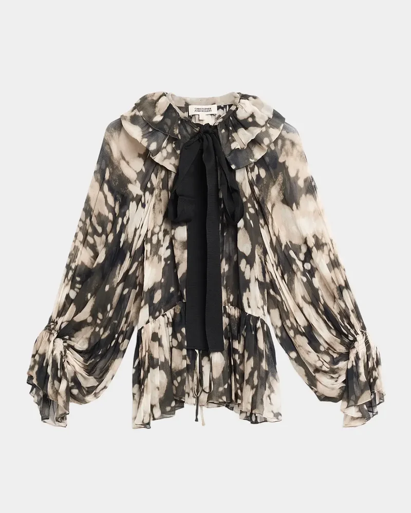 Ocelot Print Crinkle Chiffon Ruffled Bow-Neck Blouse