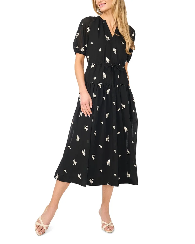 Embroidered Puff Sleeve Tie Waist Midi Dress