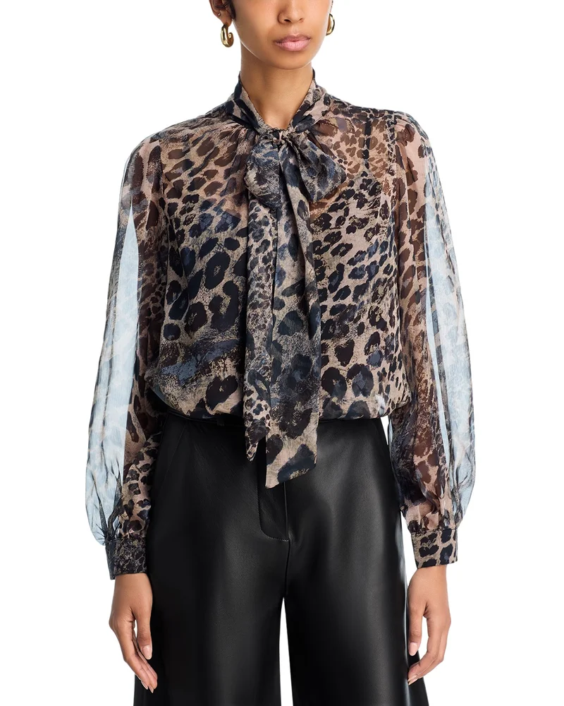 Leopard Print Tie Neck Top - Exclusive