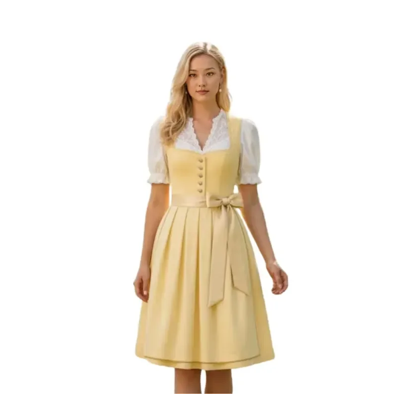 Pastel Yellow Dirndl Dress Pleated Skirt - Authentic Bavarian Outfit With Free Blouse & Apron
